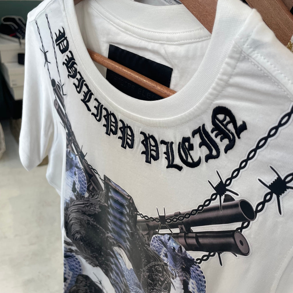 Camiseta Philipp Plein Blanca - Gráfico Cobras y Letras Góticas - Talla S
