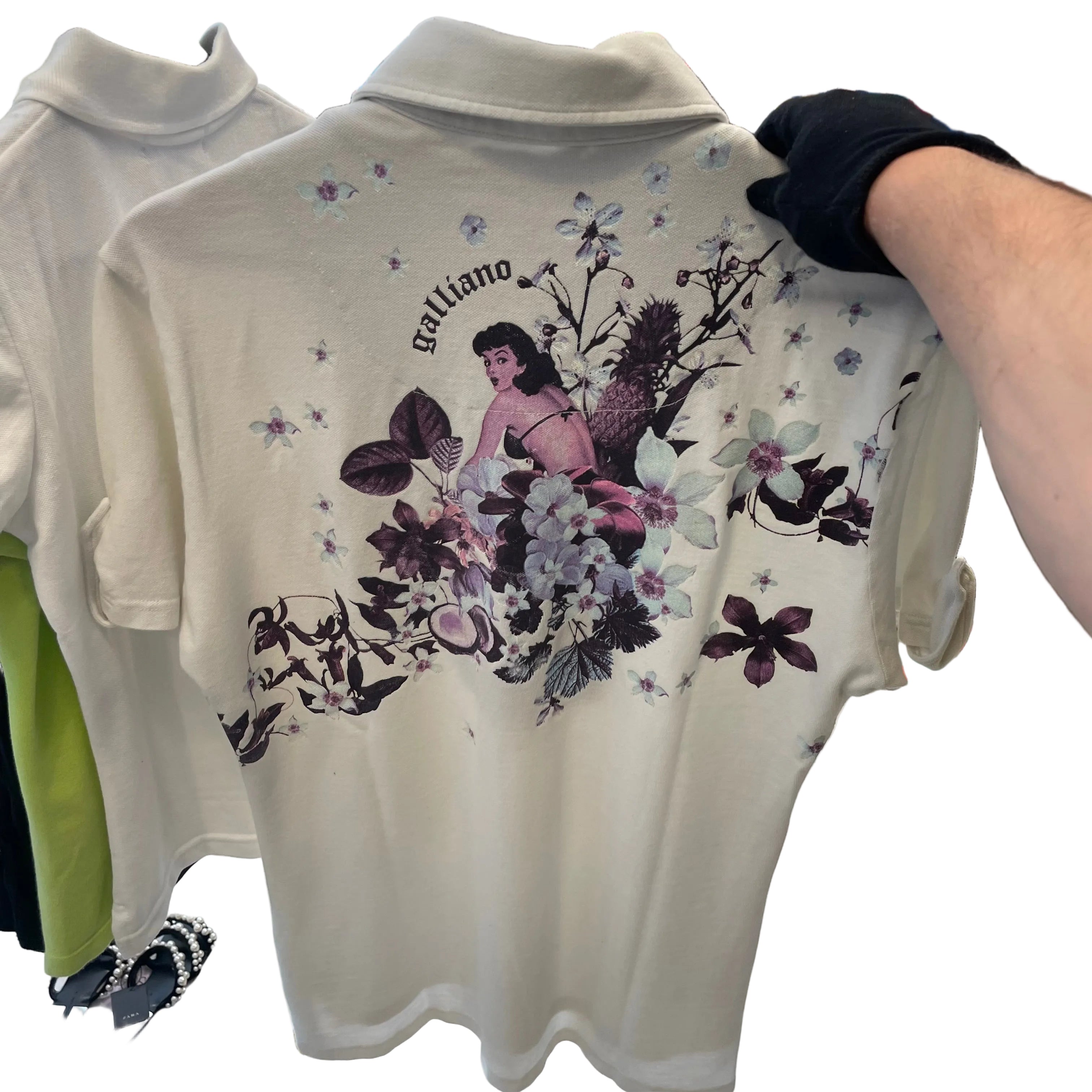 Polo Blanco John Galliano - Colección Estampado Pin-Up y Flores - Talla S