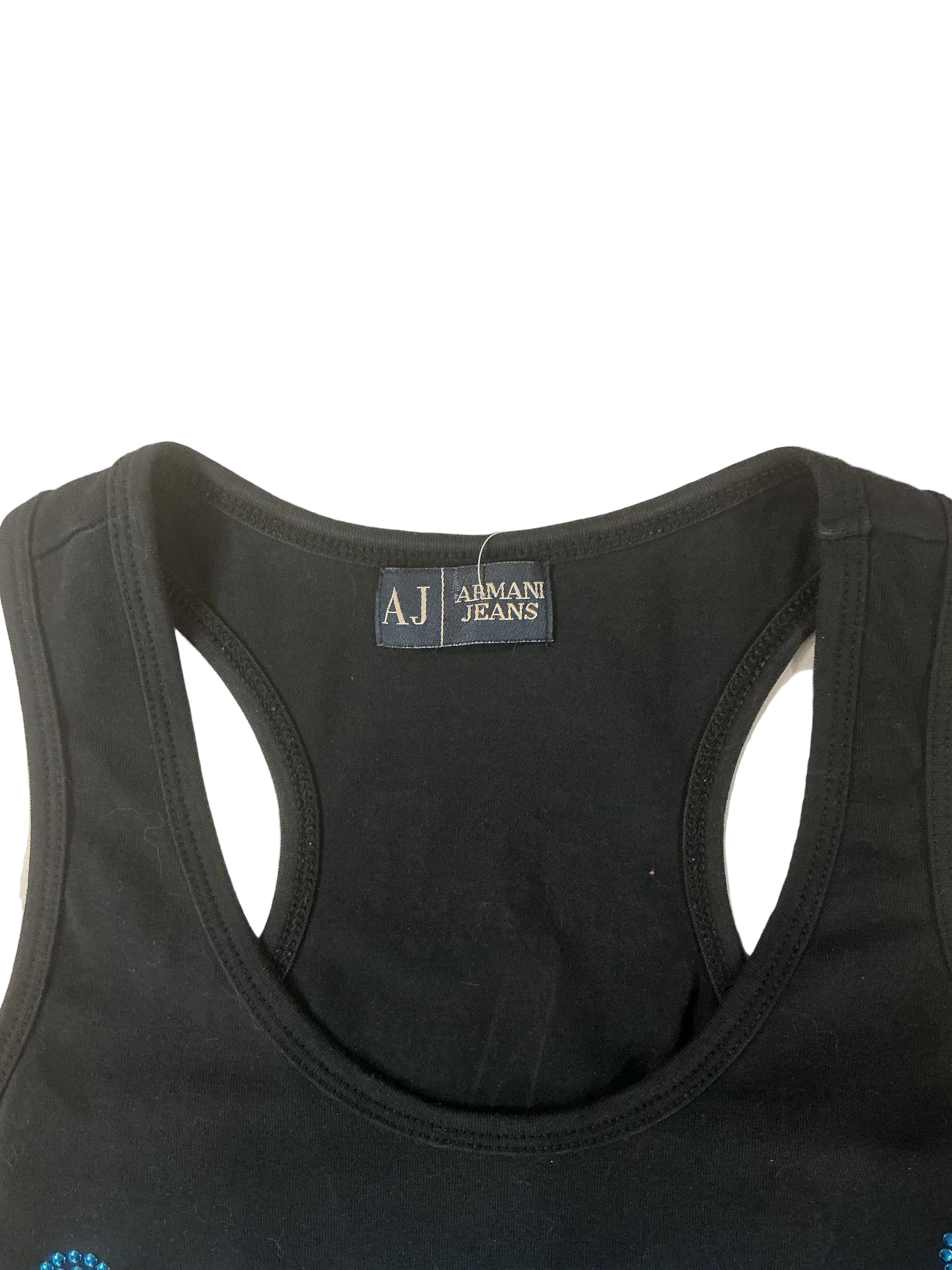 Camiseta de tirantes Armani Jeans negra con logotipo de strass azul - Vintage Talla S