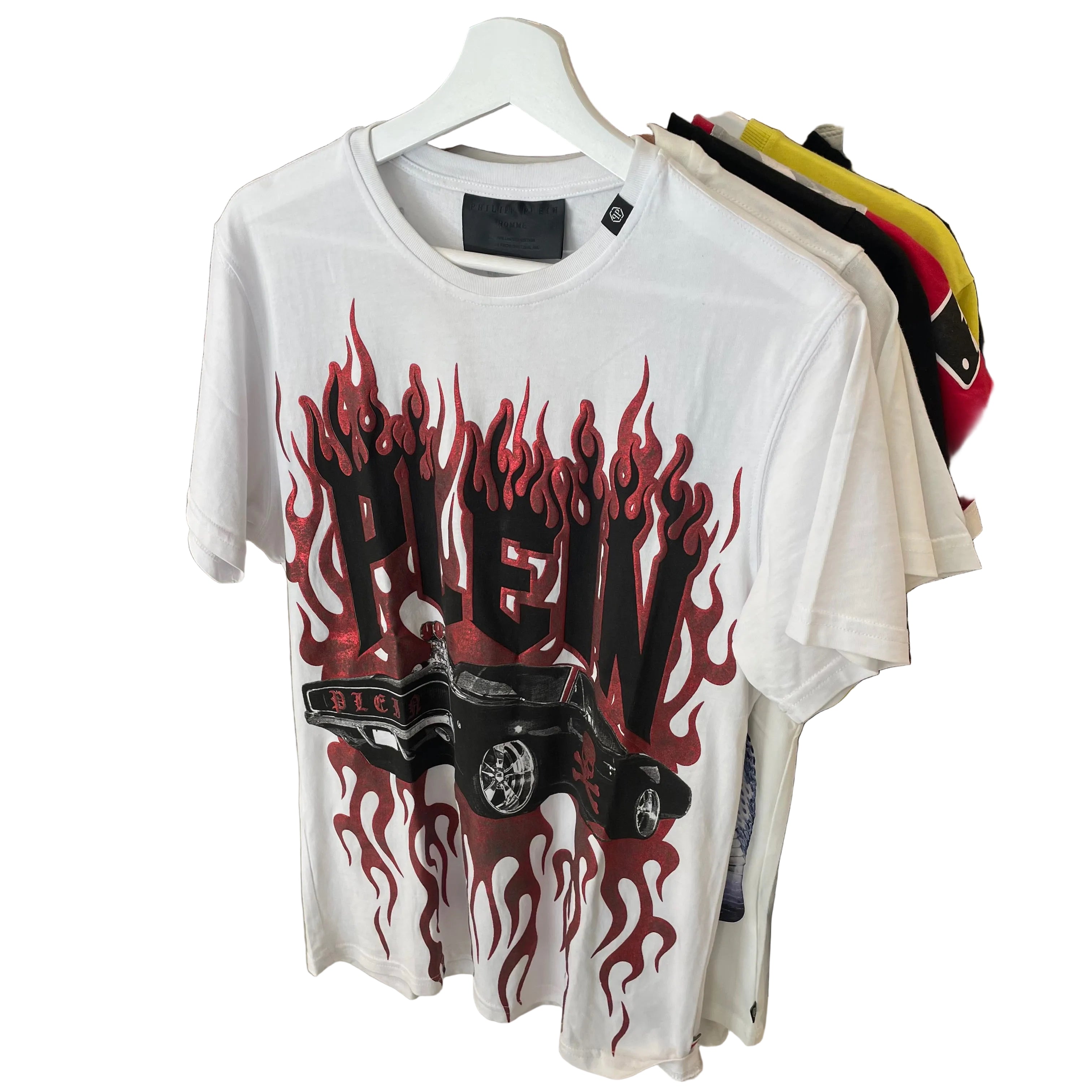 Camiseta Philipp Plein - Diseño Coche y Llamas de Fuego - Talla S