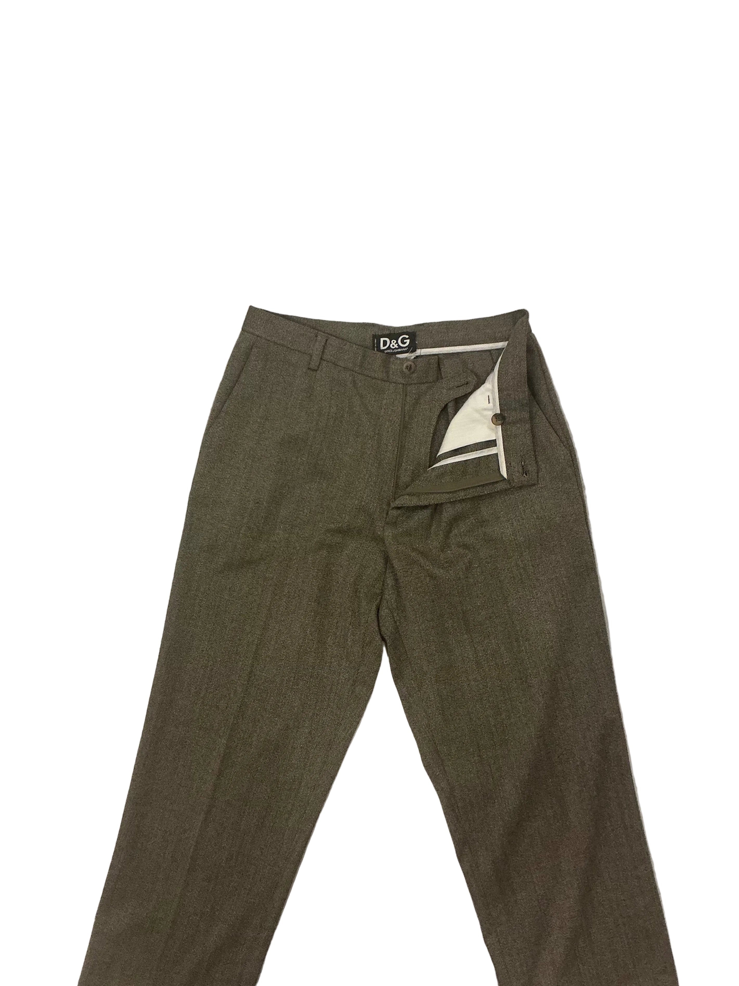 Pantalón de vestir D&G (Dolce & Gabbana) vintage en lana color marrón/oliva texturizado. Talla XS
