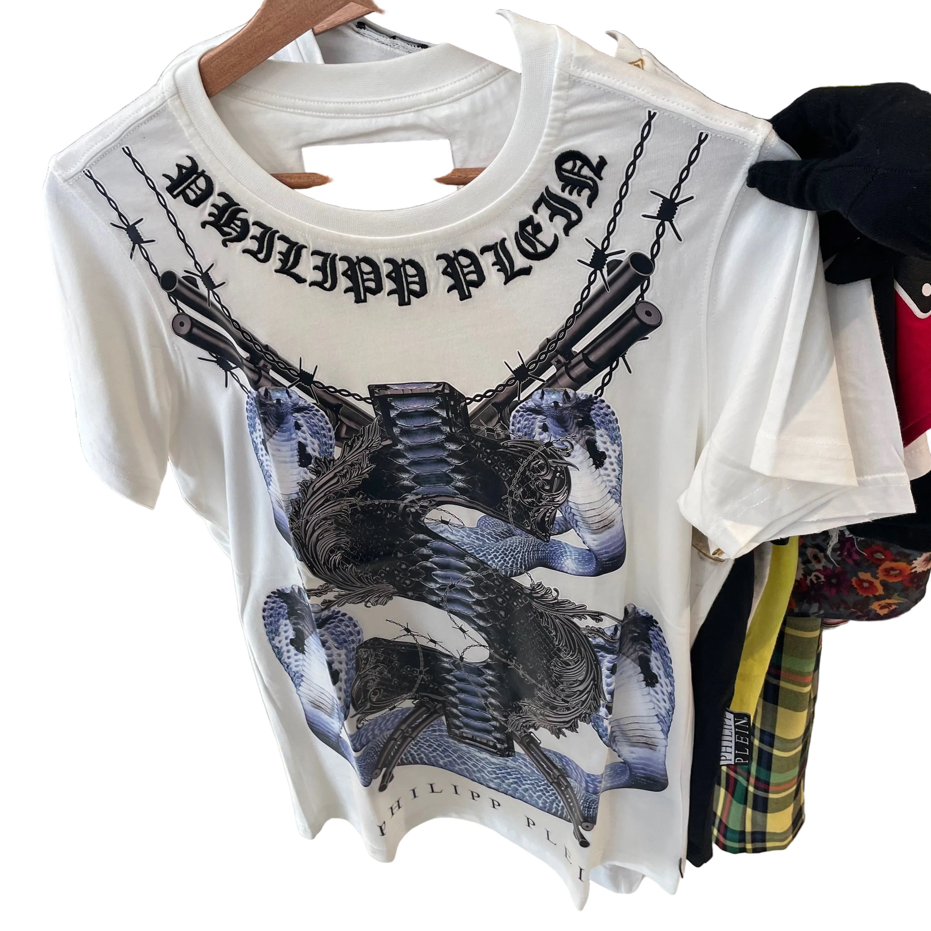 Camiseta Philipp Plein Blanca - Gráfico Cobras y Letras Góticas - Talla S