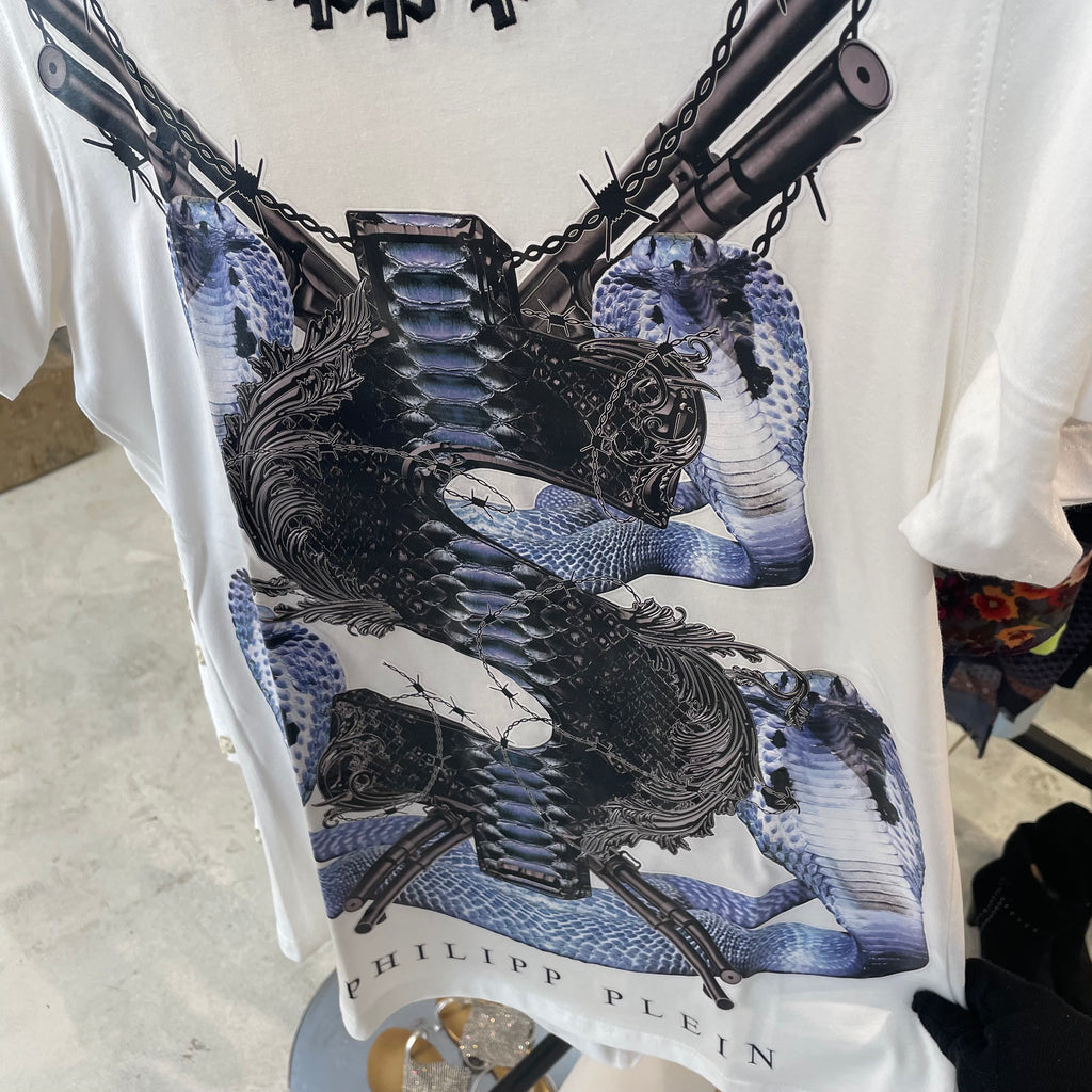 Camiseta Philipp Plein Blanca - Gráfico Cobras y Letras Góticas - Talla S
