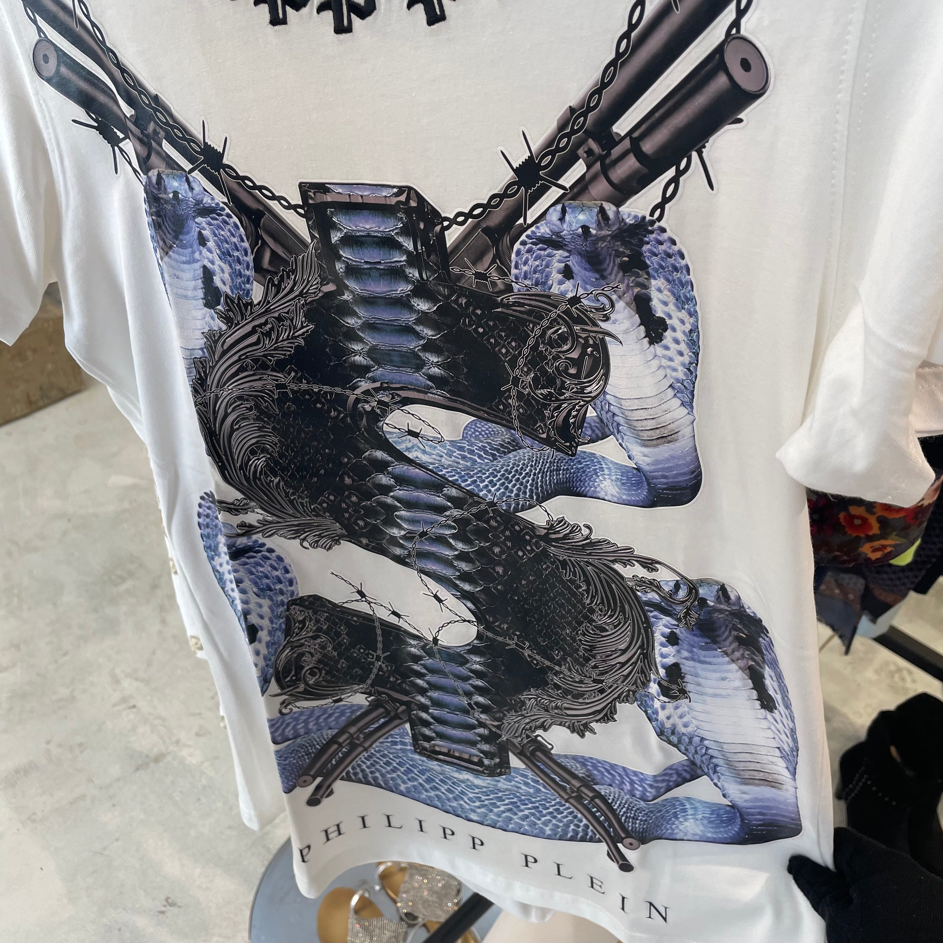 Camiseta Philipp Plein Blanca - Gráfico Cobras y Letras Góticas - Talla S