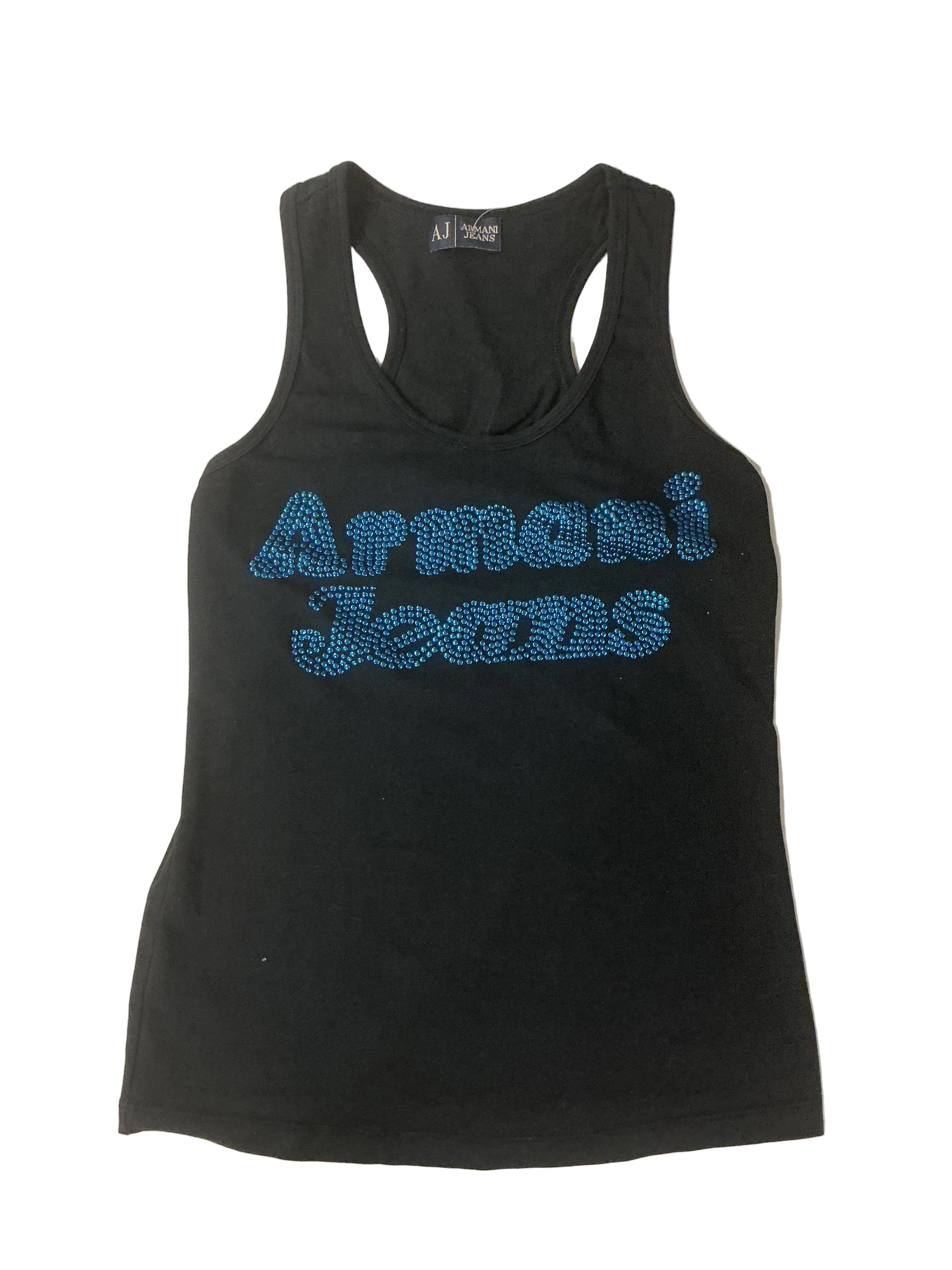 Camiseta de tirantes Armani Jeans negra con logotipo de strass azul - Vintage Talla S